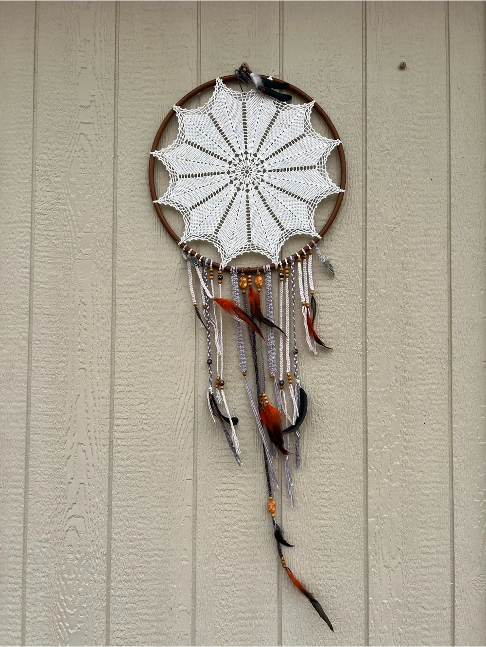 Handmade White Crochet Dreamcatcher Wall Hanging with Brown Hoop Boho Western